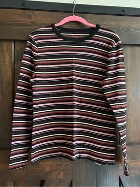 a new day Black Tee with Pink, Orange and White Stripes